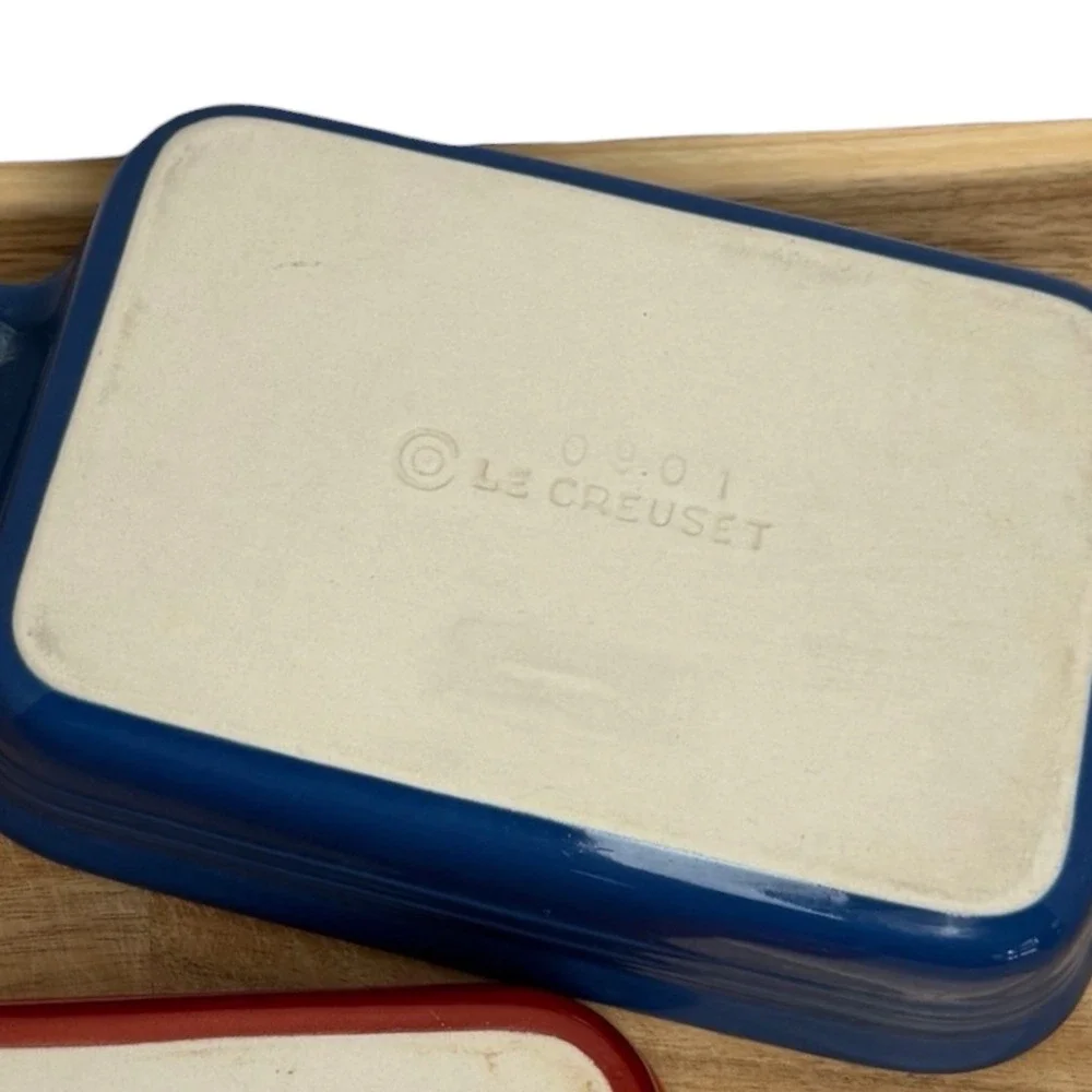 Le Creuset 1 Qt Mini Rectangular Baking Dishes 7x5 Stoneware Red Blue Set of 2